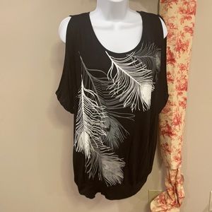 Black feather print cold-shoulder top